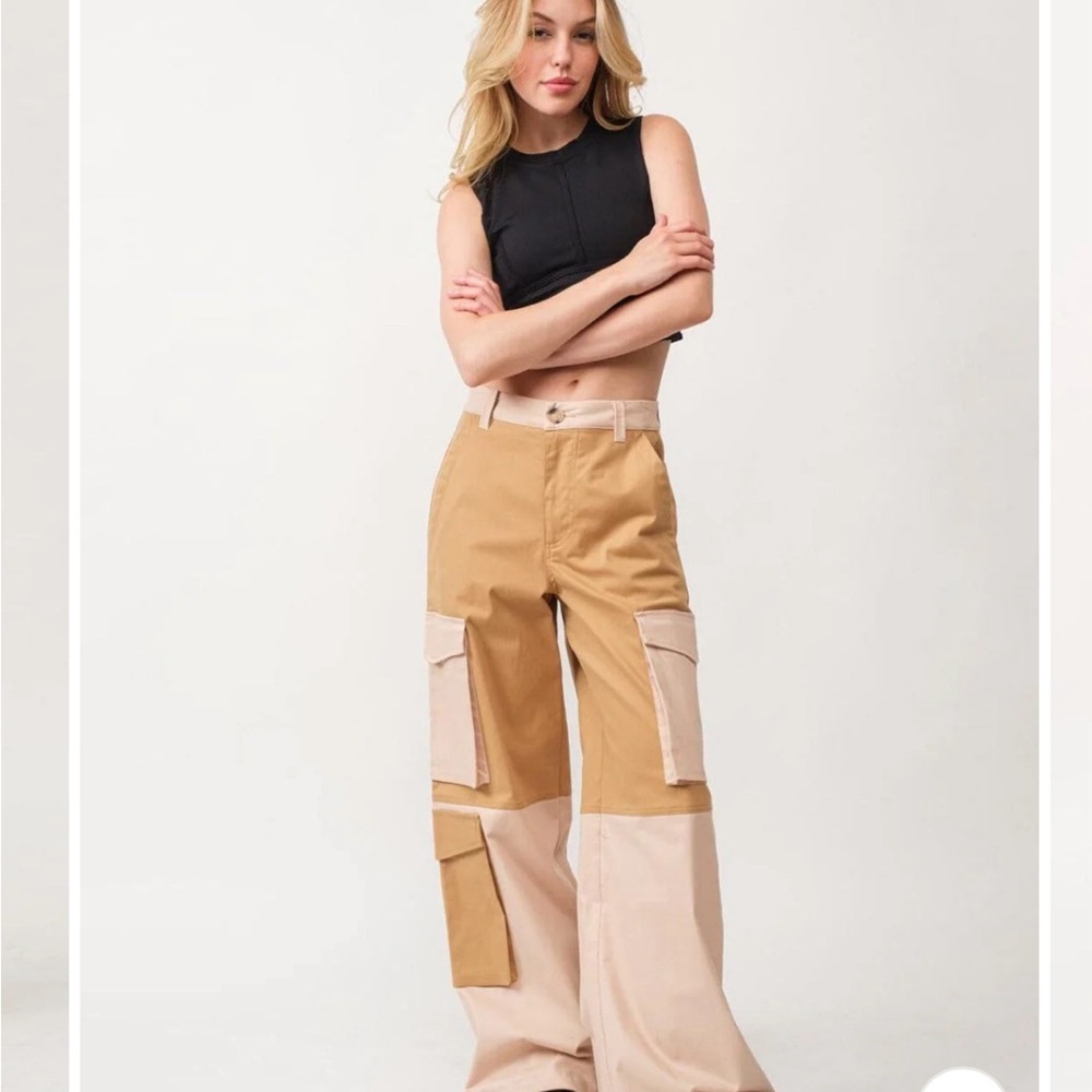 Colorblock Cargo Denim Pants Button Closure Taupe Baggy Fit